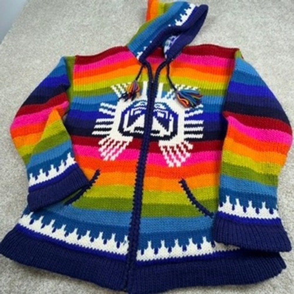 Vintage Native American Rainbow Striped Wool Full Zip Hoodie Knit Sweater L